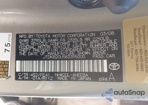 2008 Toyota Prius из США, поврежденный, VIN JTDKB20U583395000